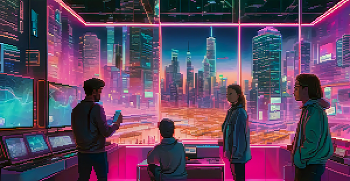 A futuristic city skyline at night with people interacting with holographic Bitcoin transaction displays, illuminated by neon lights.