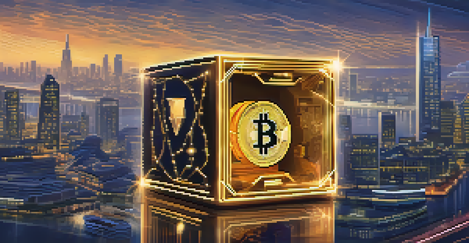 A locked box filled with coins surrounded by cryptographic symbols, representing a secure Bitcoin transaction.