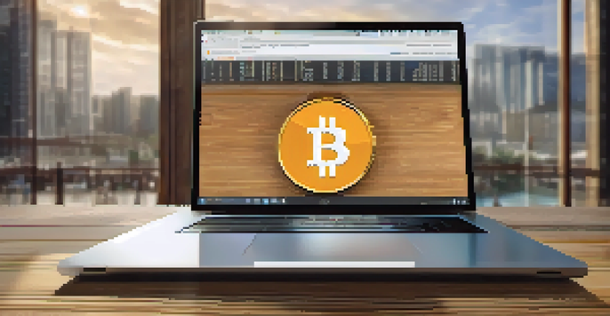 A Bitcoin coin on a wooden table with soft light and a blurred laptop in the background showing market charts.
