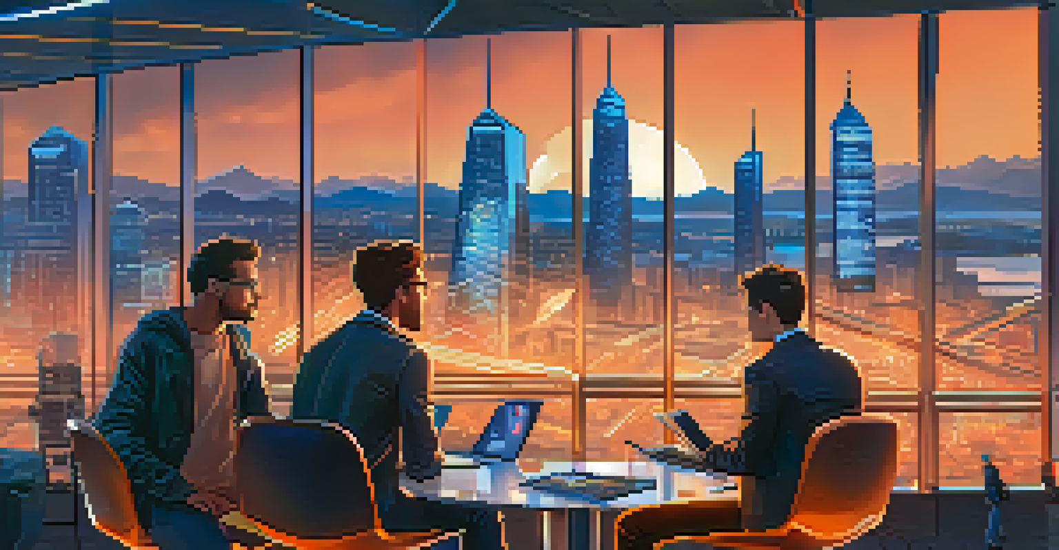 A futuristic city skyline at dusk with digital billboards showing Bitcoin prices, and young professionals discussing investment strategies in the foreground.