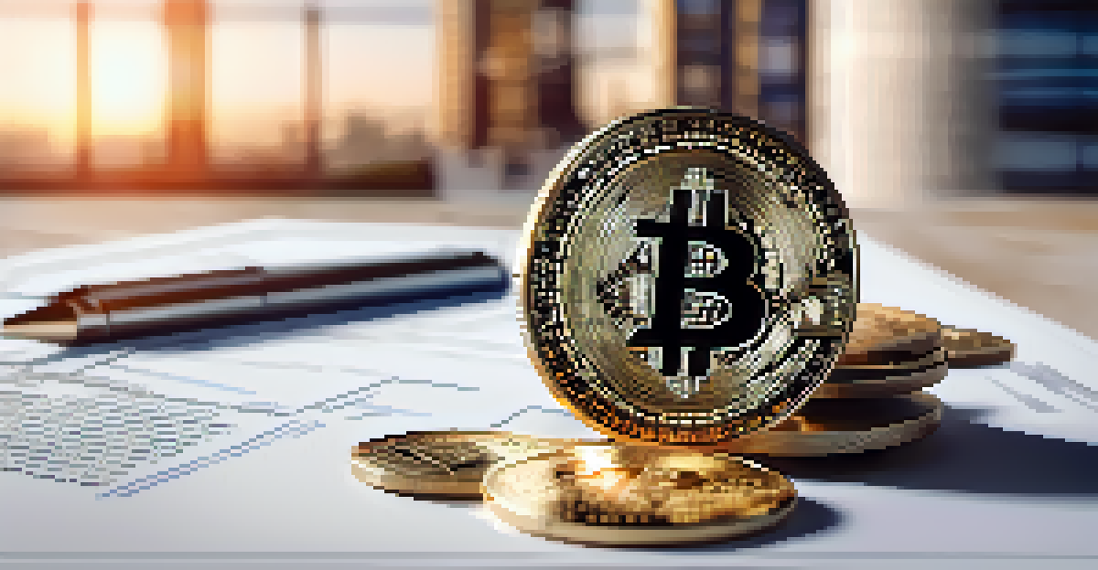 A shiny Bitcoin coin on top of real estate contracts and blueprints, highlighting the connection between cryptocurrency and real estate.