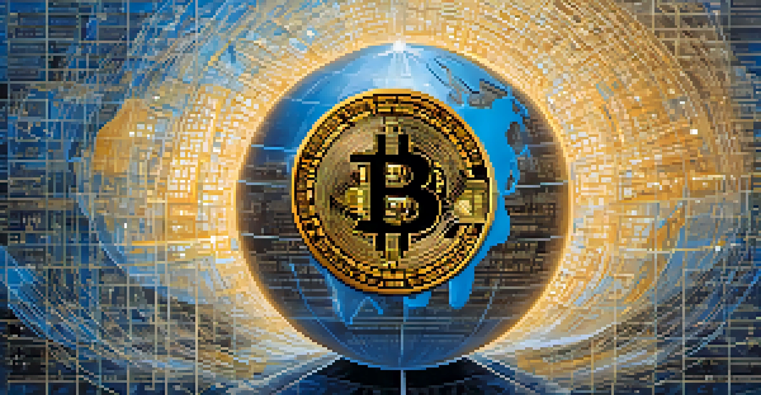 An abstract image of Bitcoin with a globe, showcasing digital code and symbols.