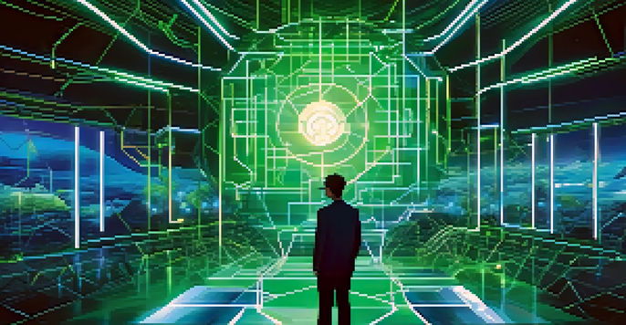 A futuristic digital landscape illustrating a secure digital identity system with glowing nodes and a high-tech interface.