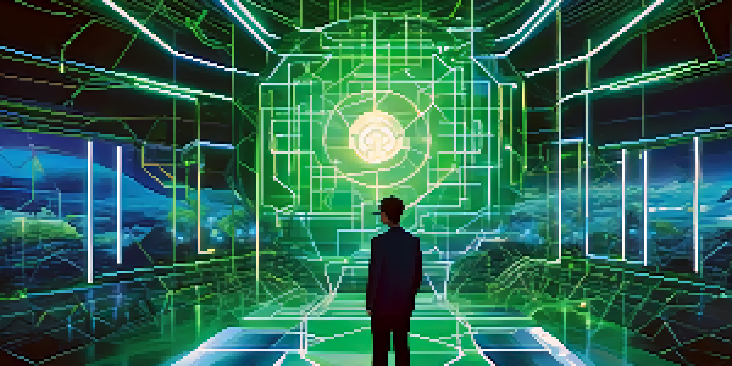 A futuristic digital landscape illustrating a secure digital identity system with glowing nodes and a high-tech interface.