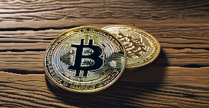 A close-up of a Bitcoin coin on a wooden surface, with soft natural light highlighting its details.