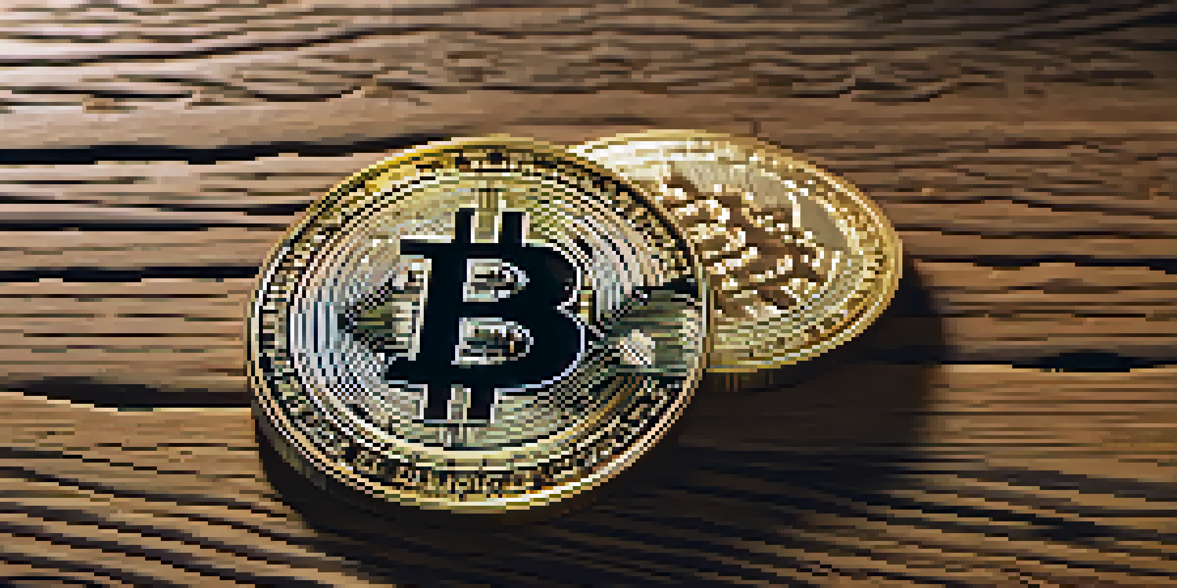 A close-up of a Bitcoin coin on a wooden surface, with soft natural light highlighting its details.