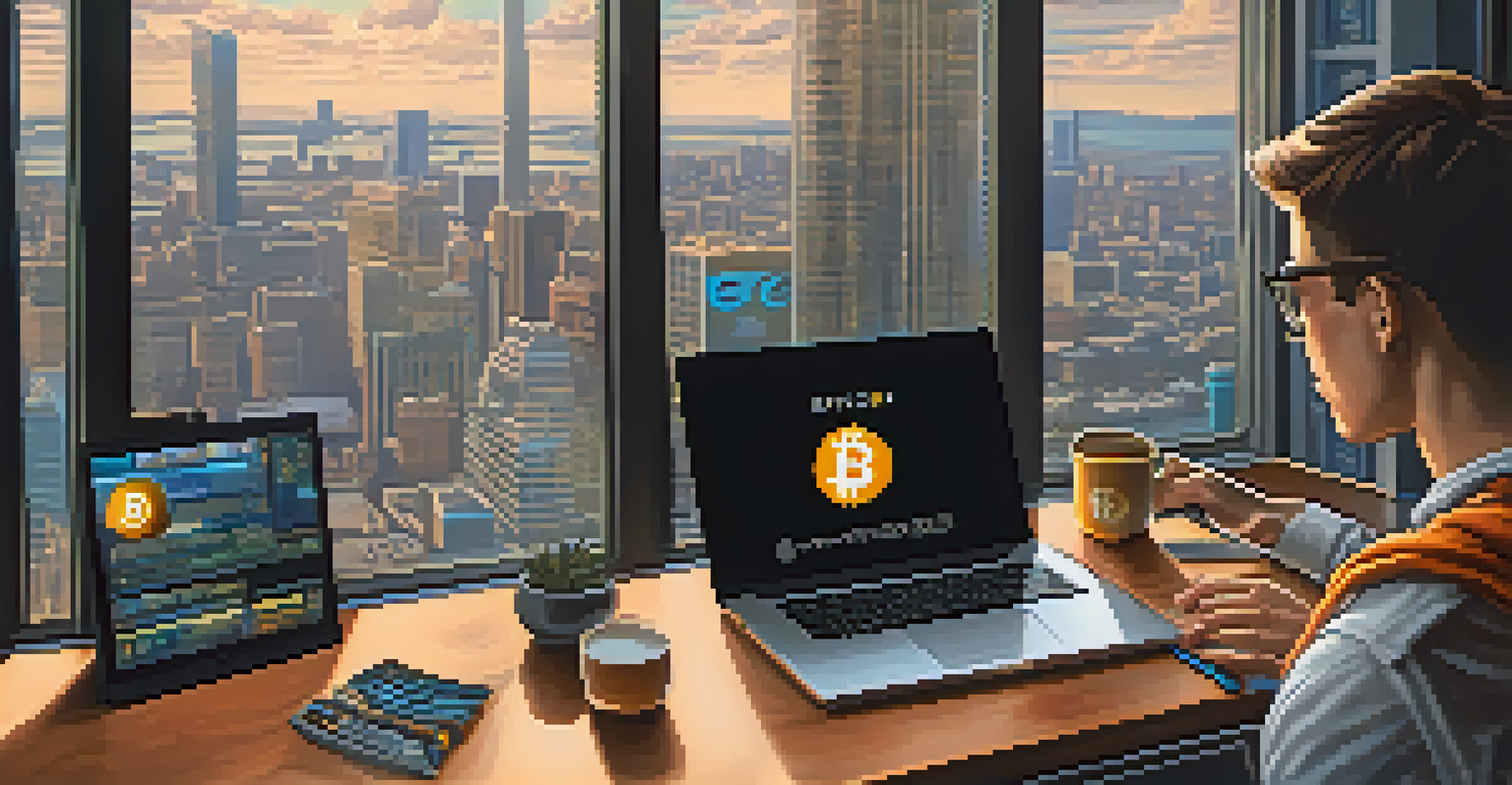 A hand typing on a laptop with a Bitcoin logo on the screen, surrounded by a cityscape view and cryptocurrency books.