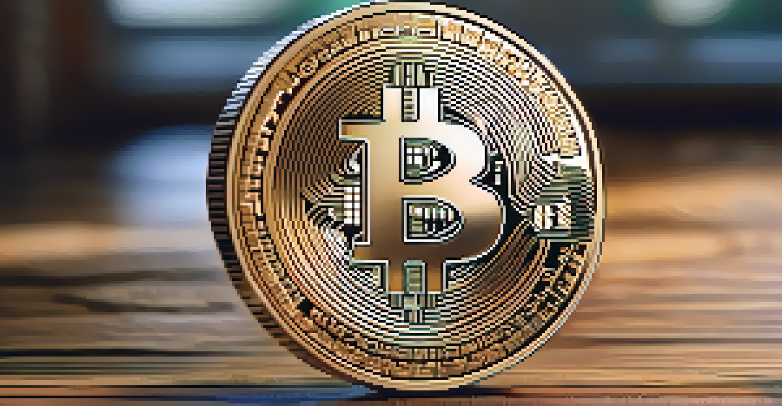 A close-up of a Bitcoin coin on a wooden table with sunlight reflecting on it.