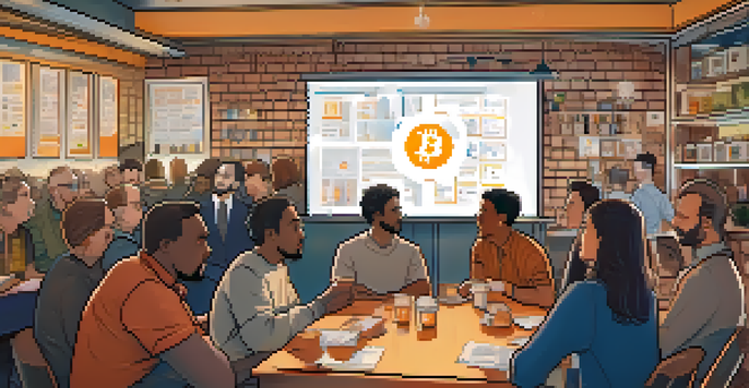 A diverse group of people discussing Bitcoin in a café, with charts visible on a whiteboard, surrounded by warm lighting.