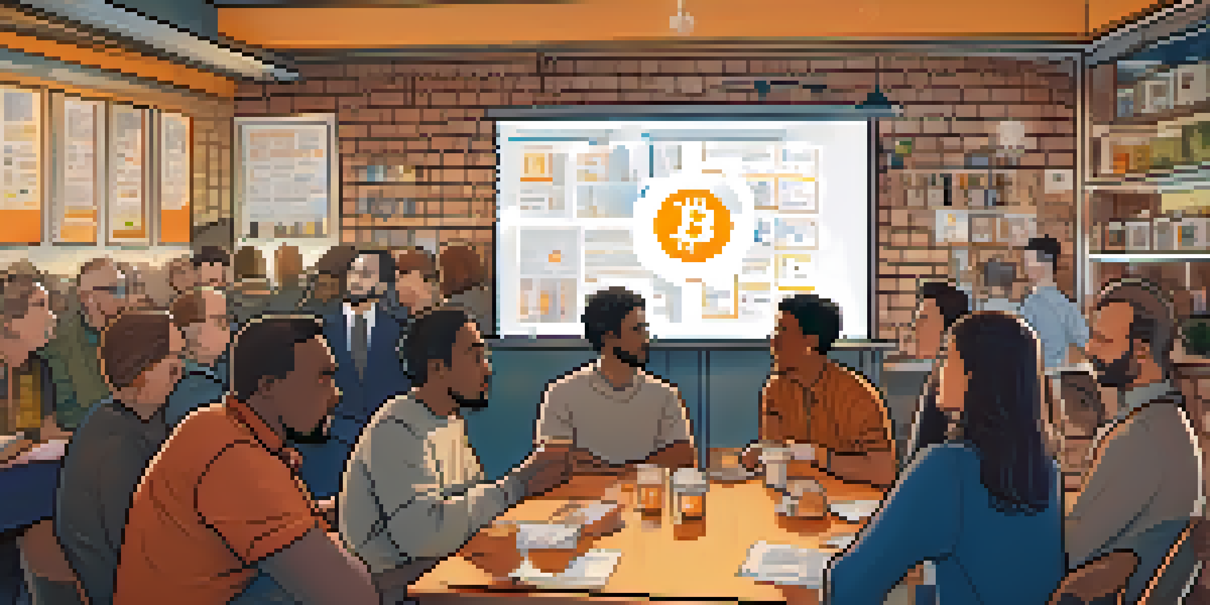 A diverse group of people discussing Bitcoin in a café, with charts visible on a whiteboard, surrounded by warm lighting.