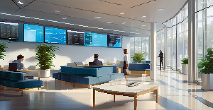 A contemporary bank interior with digital screens showing cryptocurrency data and customers engaged in discussions, complemented by plants and natural light.