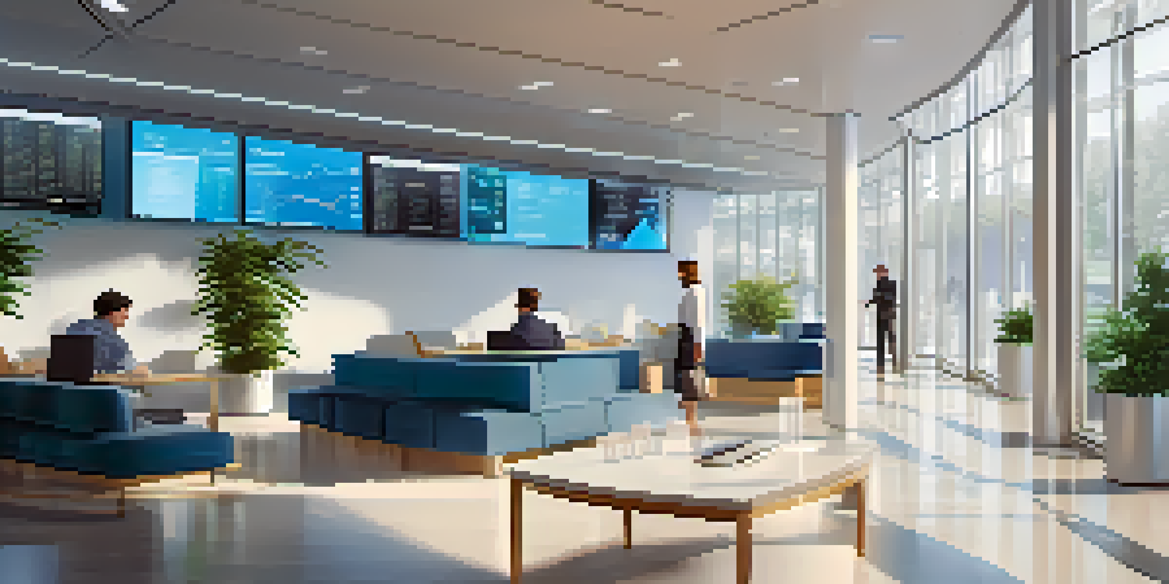 A contemporary bank interior with digital screens showing cryptocurrency data and customers engaged in discussions, complemented by plants and natural light.