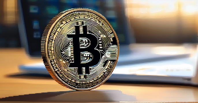 A shiny Bitcoin coin on a wooden table with a laptop and financial documents blurred in the background.