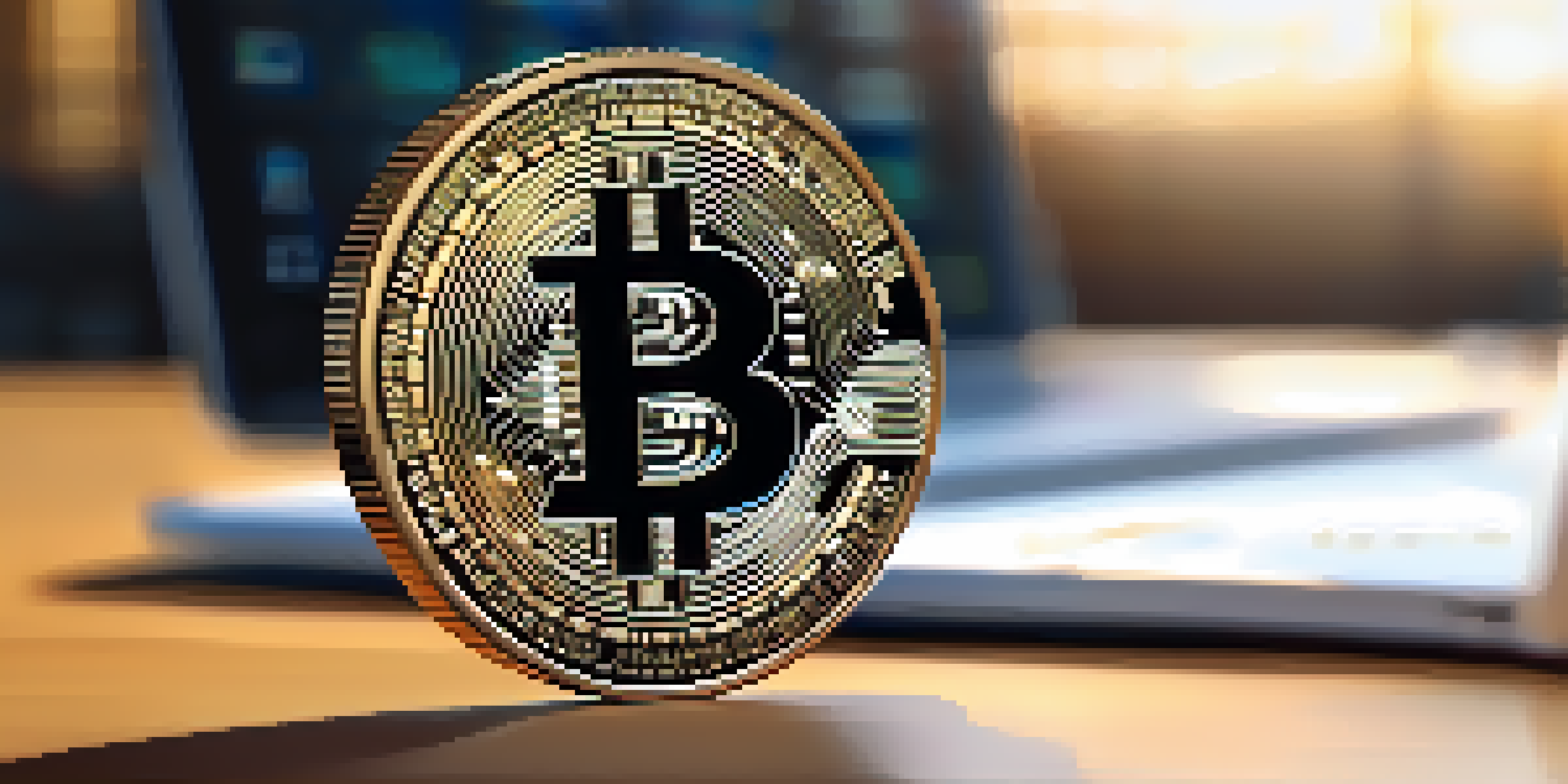 A shiny Bitcoin coin on a wooden table with a laptop and financial documents blurred in the background.