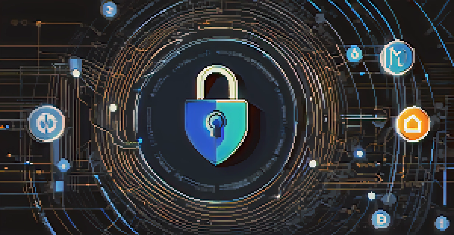 An abstract digital illustration of privacy coins with locks and shield icons on a dark blue background, featuring Monero and Zcash logos.