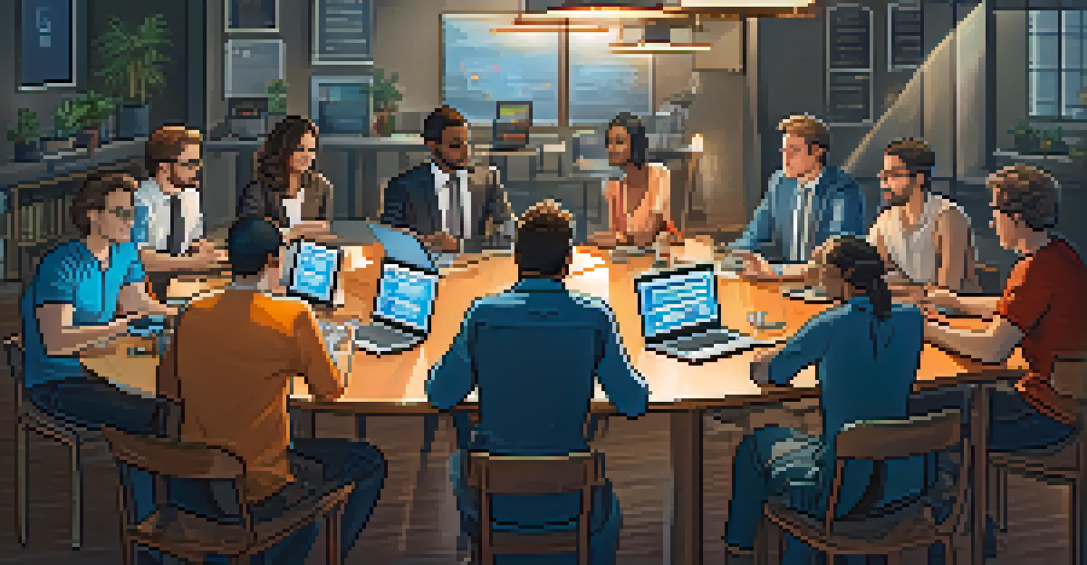 A diverse group discussing Bitcoin in a modern office, with laptops and charts, bright lighting emphasizing collaboration.
