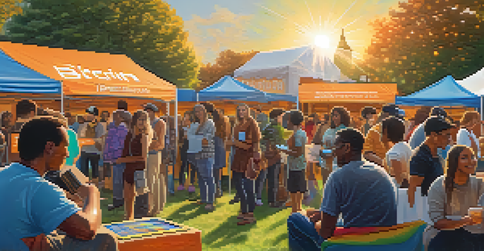 A diverse group of people at a community event discussing cryptocurrency donations, with colorful banners and an interactive booth.