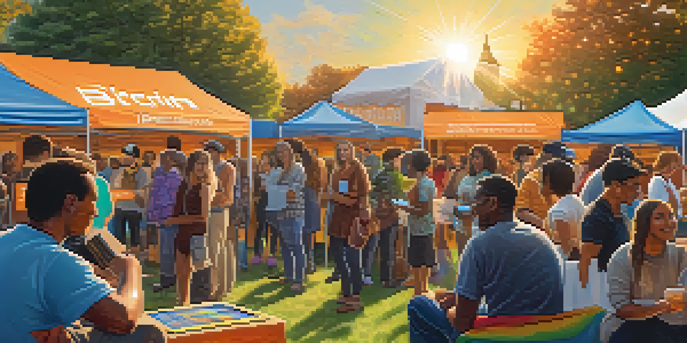 A diverse group of people at a community event discussing cryptocurrency donations, with colorful banners and an interactive booth.