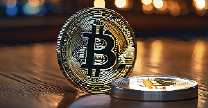 A close-up image of a Bitcoin coin on a wooden surface, with a blurred financial chart in the background.