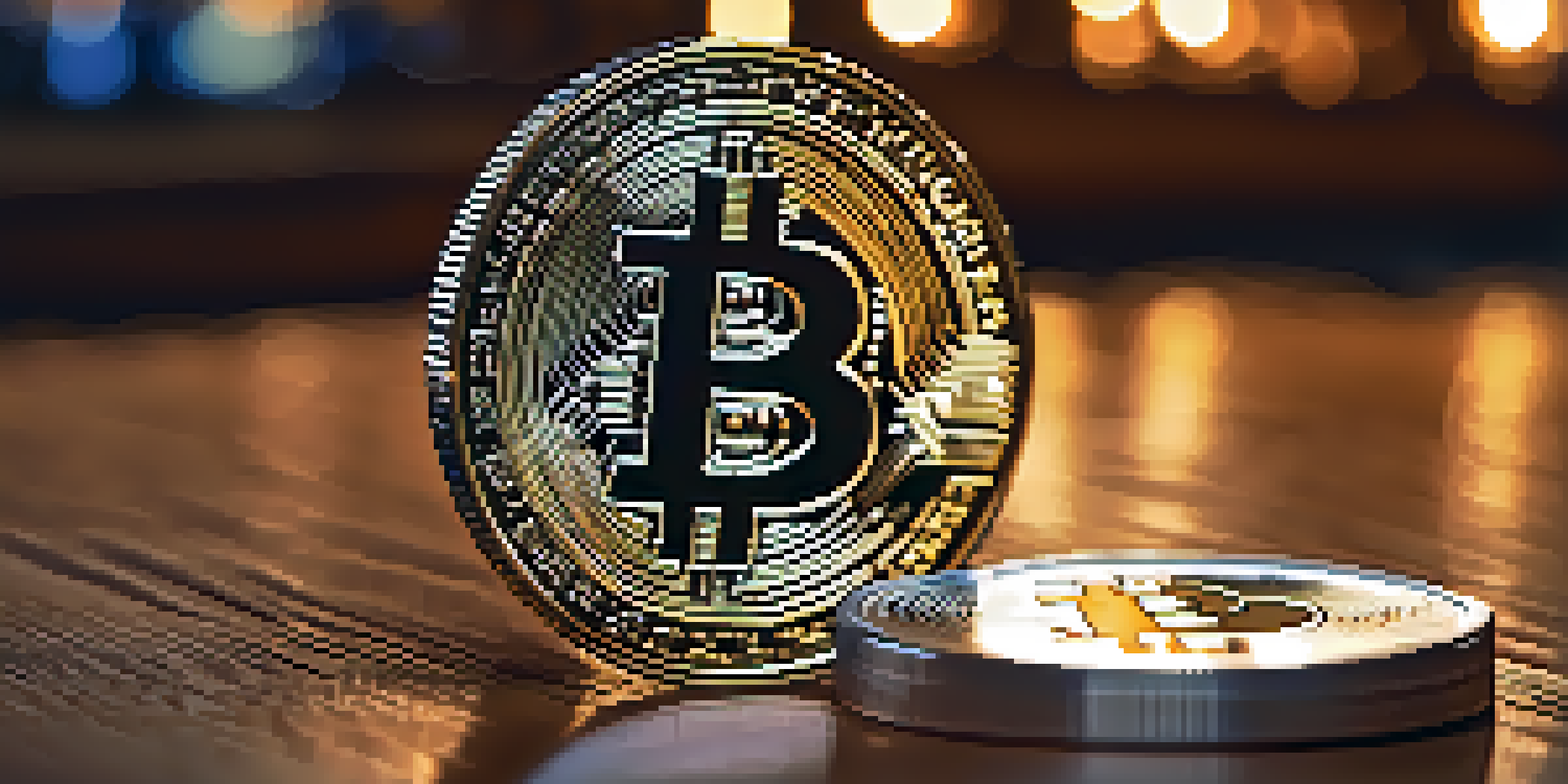 A close-up image of a Bitcoin coin on a wooden surface, with a blurred financial chart in the background.