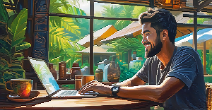 A digital nomad working on a laptop in a colorful café surrounded by greenery, with a cup of coffee nearby.
