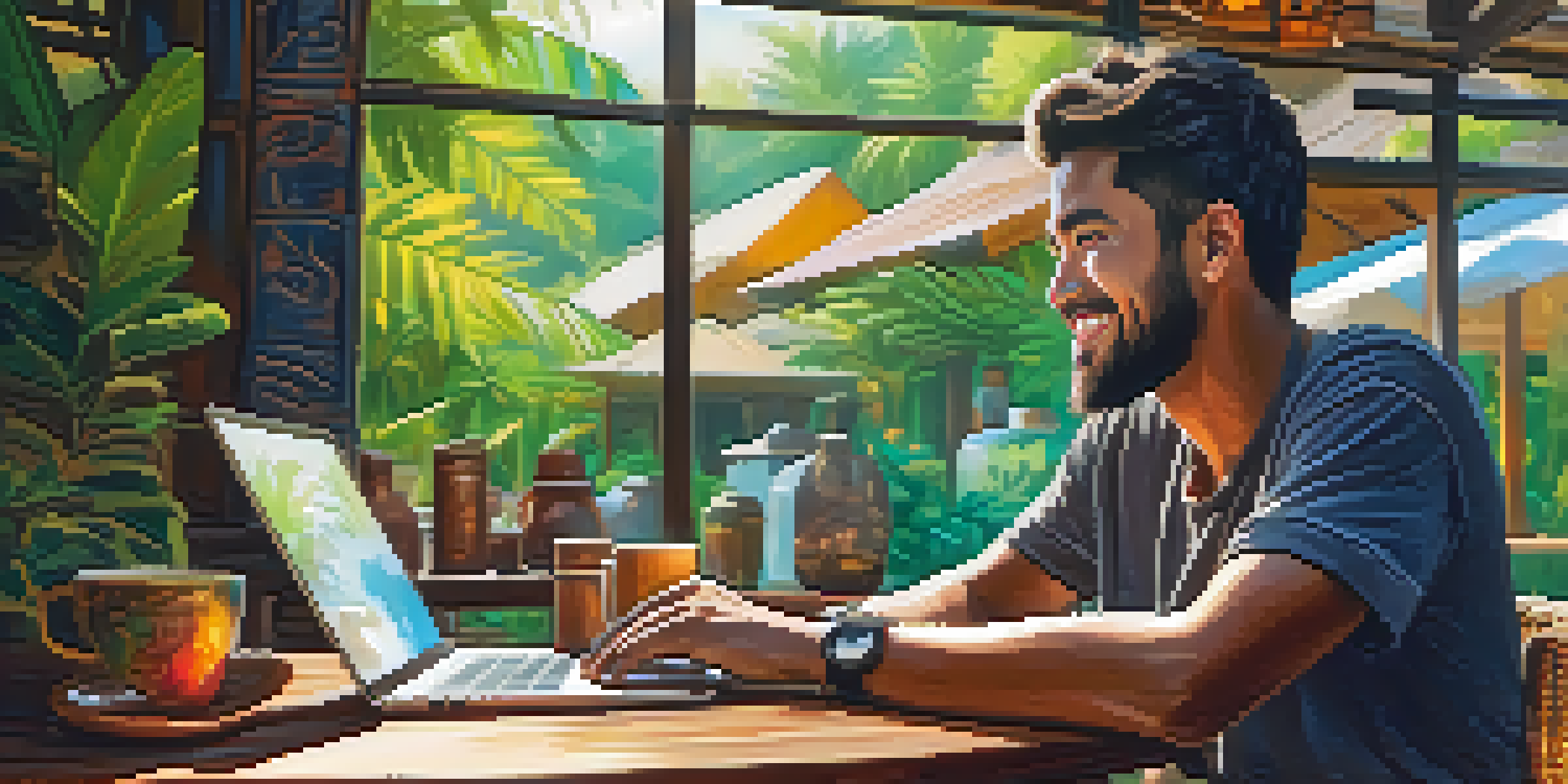 A digital nomad working on a laptop in a colorful café surrounded by greenery, with a cup of coffee nearby.