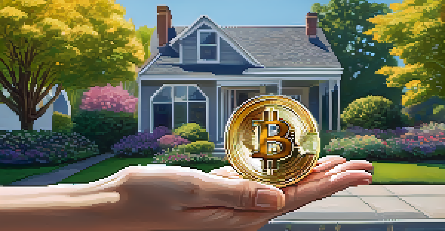 A hand holding a Bitcoin coin in front of a house for sale in a sunny neighborhood.