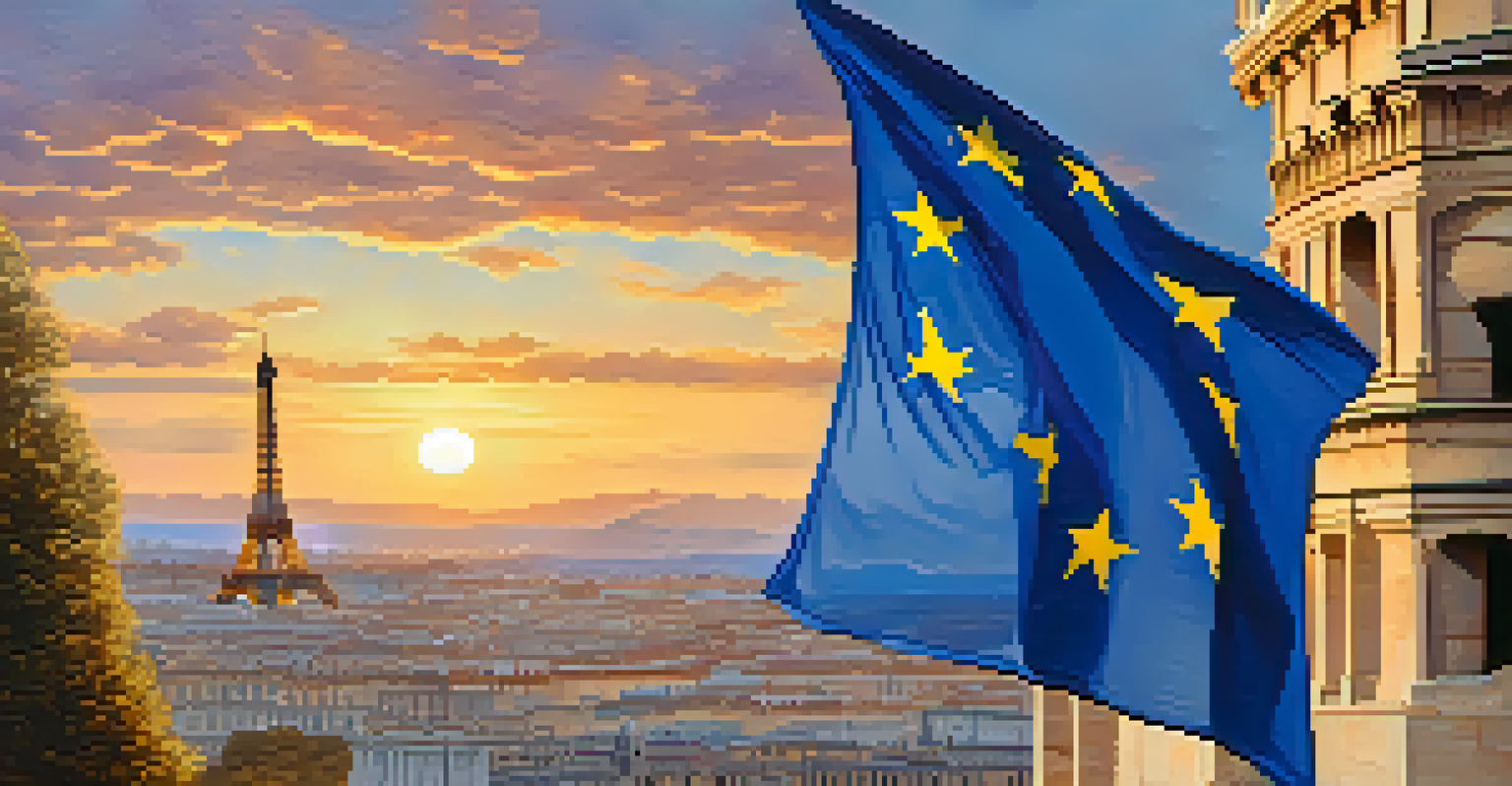 Artistic depiction of the European Union flag blended with Bitcoin symbols, featuring famous landmarks like the Eiffel Tower and the Colosseum in a sunset.