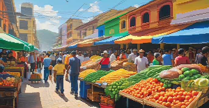 A bustling street market in Venezuela with colorful stalls and vendors. A digital display shows the Bitcoin logo, indicating the use of cryptocurrency.