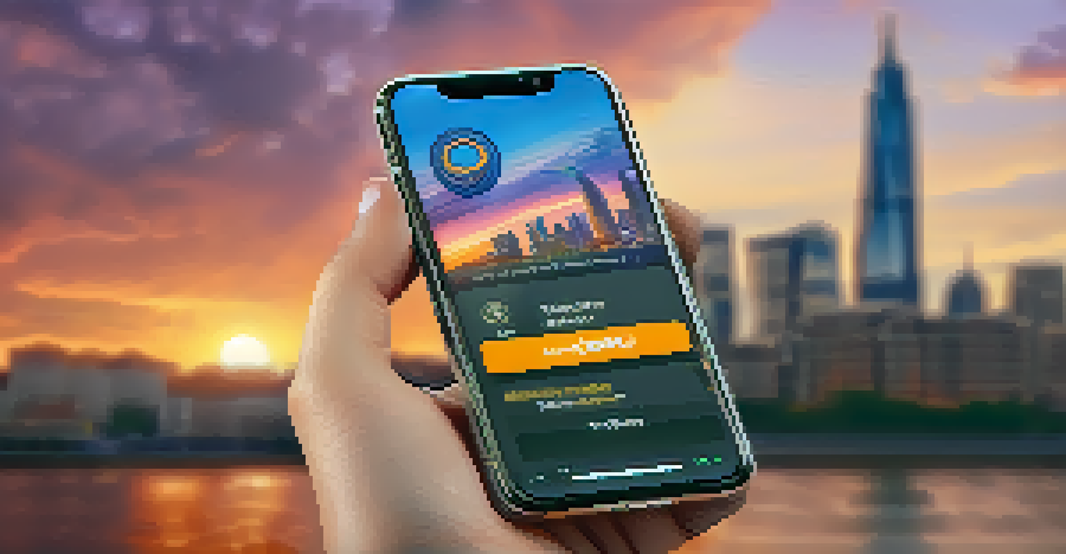 A smartphone screen showing a Bitcoin wallet interface against a blurred cityscape background at sunset.