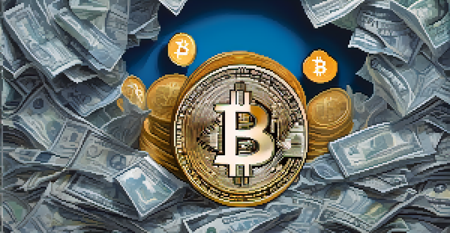 An abstract image of a glowing Bitcoin coin surrounded by collapsing paper currency, set against a blue background.