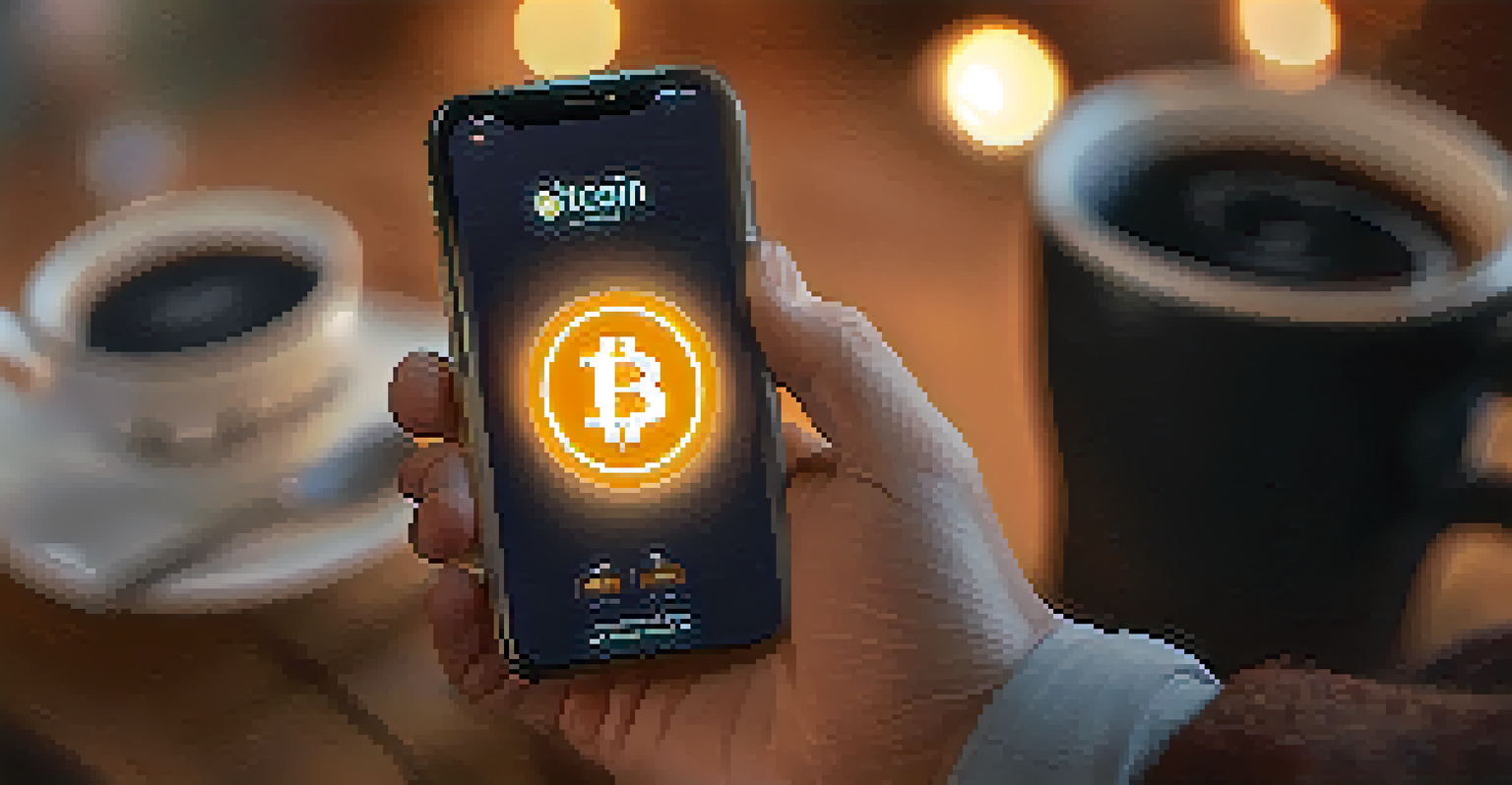 A smartphone displaying a Bitcoin wallet app in a hand, set in a warm coffee shop environment.