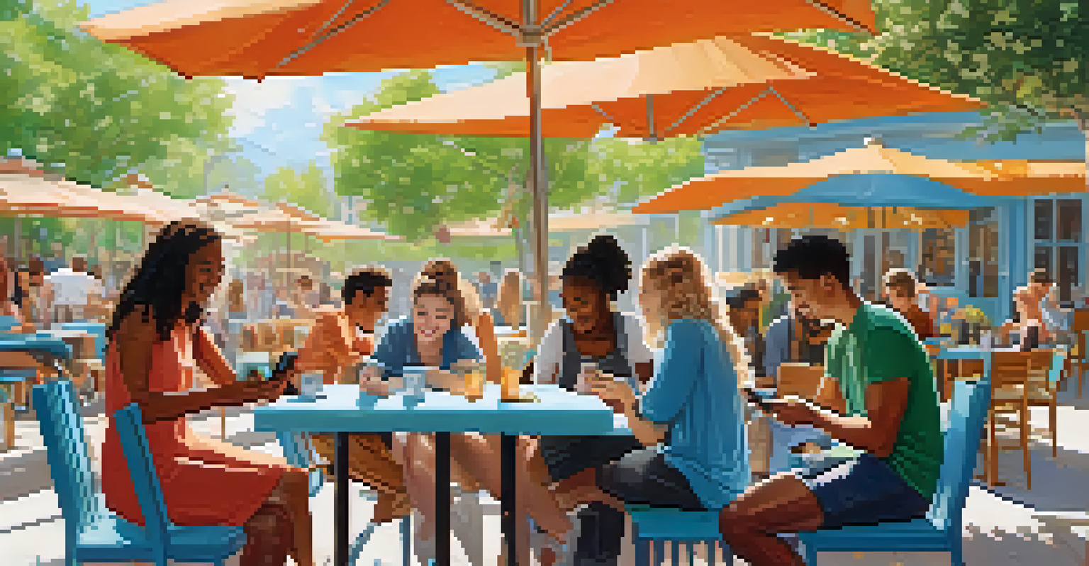 Young adults at an outdoor café using smartphones for Bitcoin payments, surrounded by flowers and sunlight.