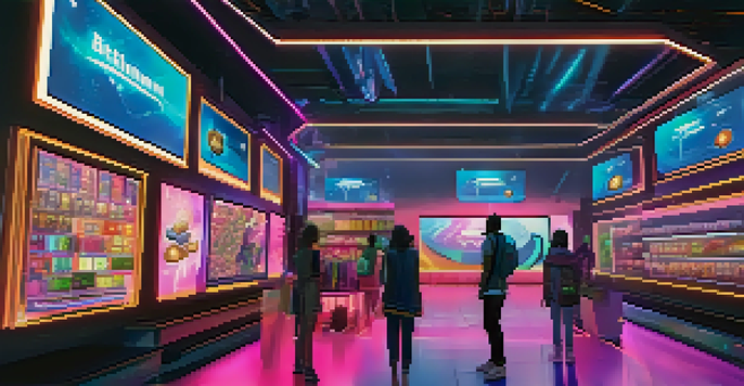 A bright and colorful digital marketplace filled with virtual goods like in-game items and digital art, with users interacting through holographic displays.