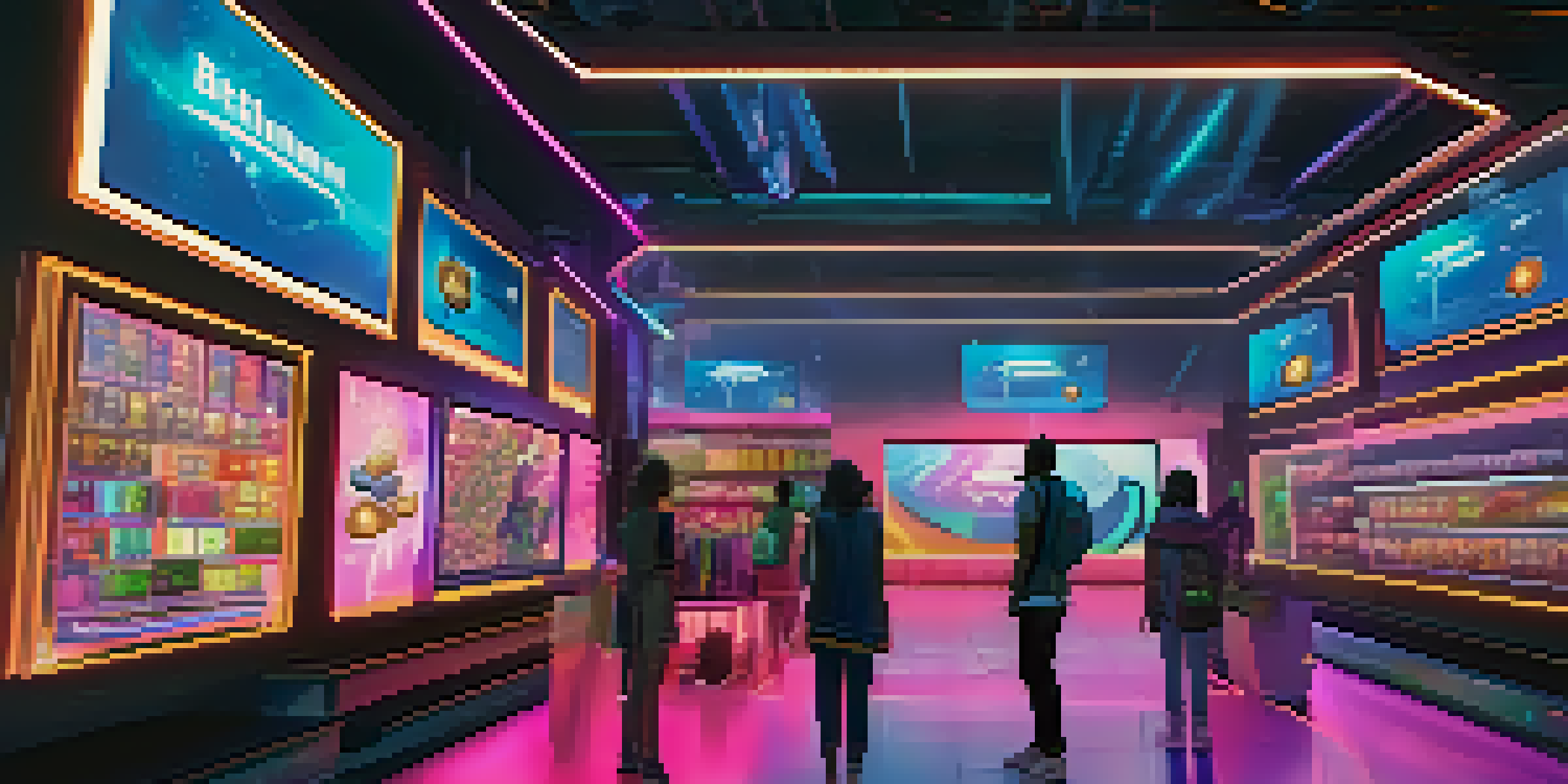 A bright and colorful digital marketplace filled with virtual goods like in-game items and digital art, with users interacting through holographic displays.