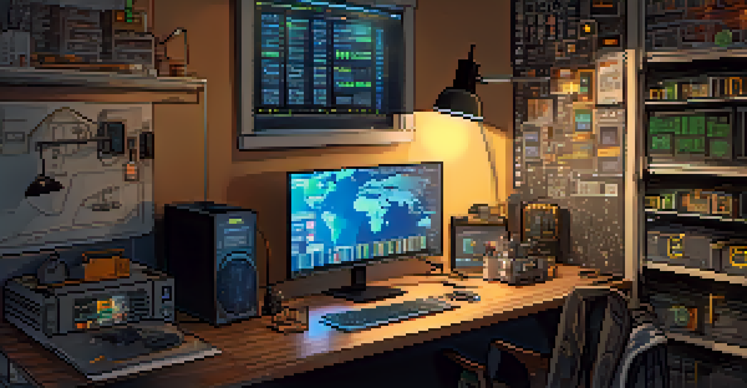 A detailed view of a Bitcoin miner's desk setup, displaying a high-performance mining rig with glowing lights and cryptocurrency posters in the background.