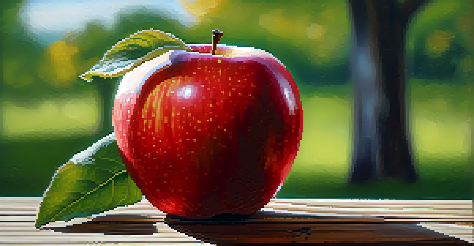 A close-up of a shiny red apple on a wooden table with an orchard in the background.