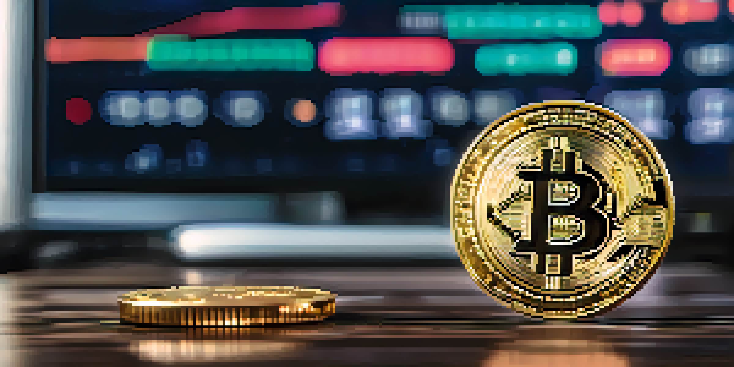 A close-up of a Bitcoin coin on a wooden table, illuminated by soft light, with a blurred trading screen in the background.
