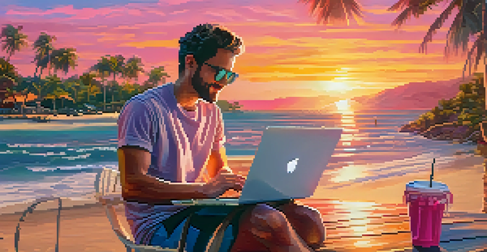A digital nomad working on a laptop at a beach cafe during sunset, surrounded by palm trees and a tropical drink on the table.