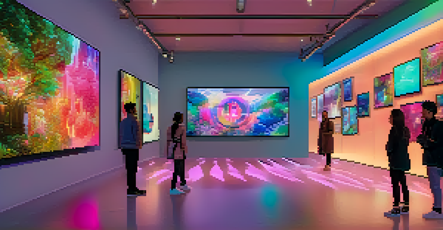 A futuristic art gallery with digital screens showcasing NFTs and visitors admiring the artworks.