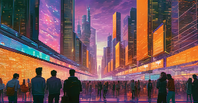 A modern city skyline at dusk with digital displays showing cryptocurrency symbols, and people using holographic technology.