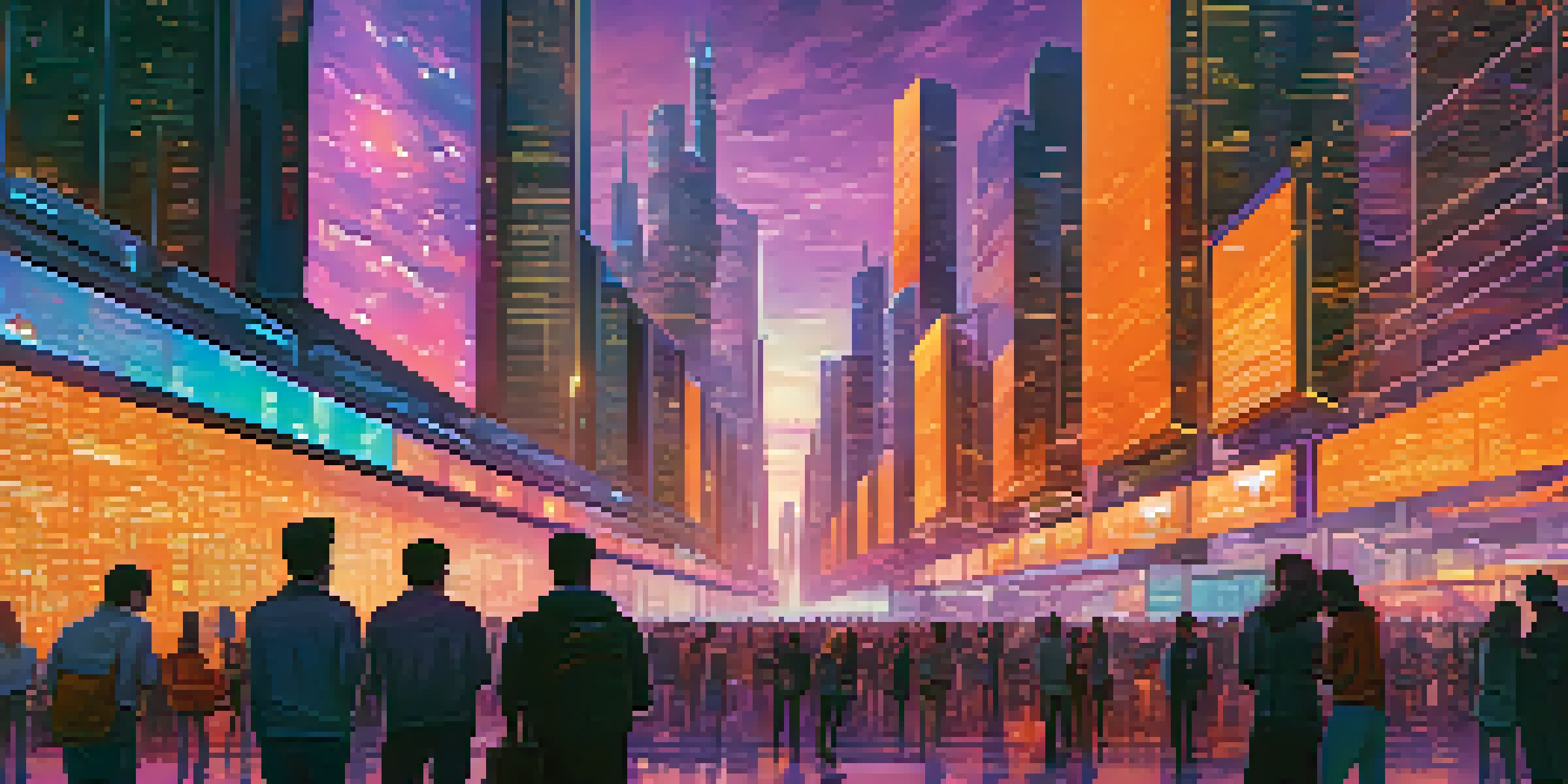 A modern city skyline at dusk with digital displays showing cryptocurrency symbols, and people using holographic technology.