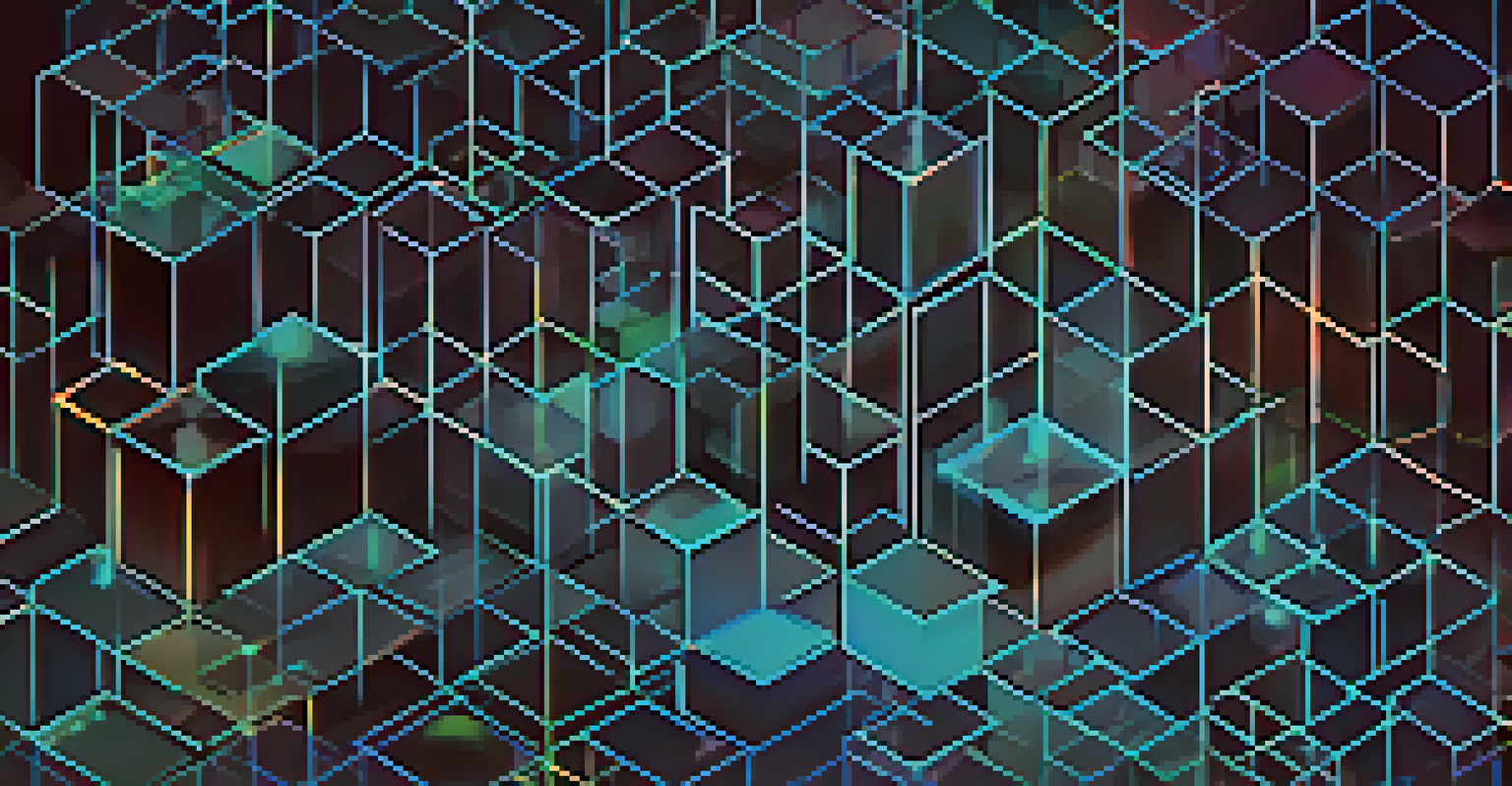An abstract image of interconnected blockchain chains and blocks glowing in blue and green on a dark background.