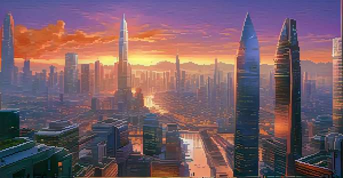 A vibrant city skyline at sunset, combining traditional and modern architecture with digital currency symbols, depicting a scene of urban life and digital transactions.