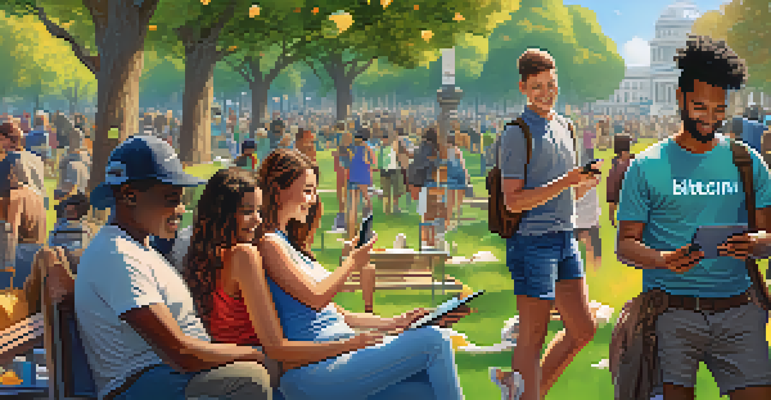 Citizens in a park using smartphones to access government services through Bitcoin, with digital blockchain visuals in the background.