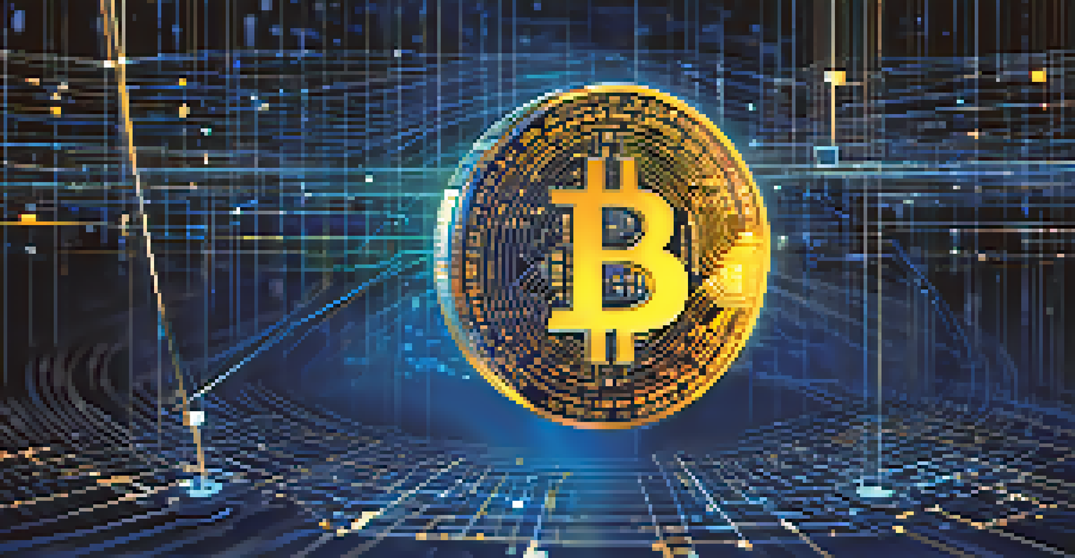 An abstract image of a digital globe with glowing lines representing Bitcoin transactions and floating Bitcoin symbols.