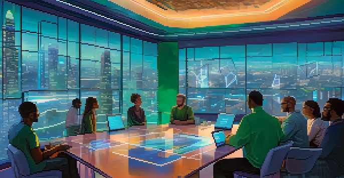 A diverse group of individuals engaged in a discussion about decentralized governance, with a holographic screen displaying blockchain data in a futuristic setting.
