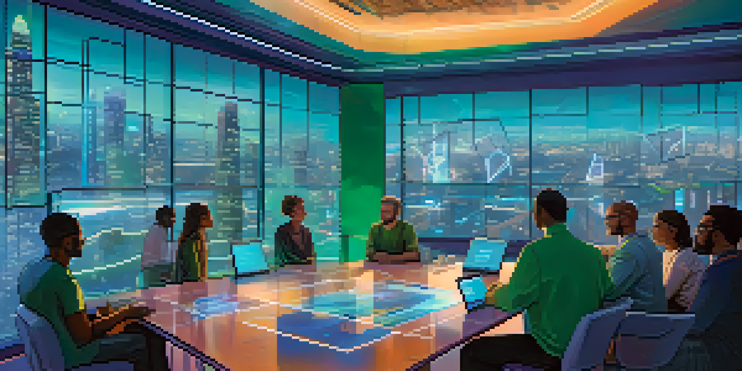 A diverse group of individuals engaged in a discussion about decentralized governance, with a holographic screen displaying blockchain data in a futuristic setting.
