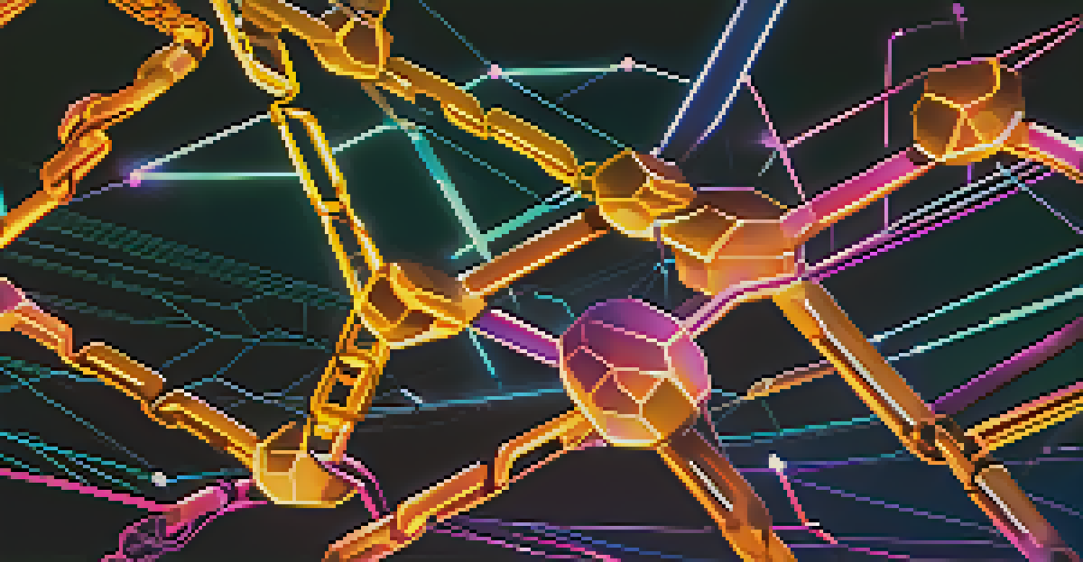 An abstract representation of blockchain technology with interconnected nodes labeled with terms related to cryptocurrency regulations against a dark background.