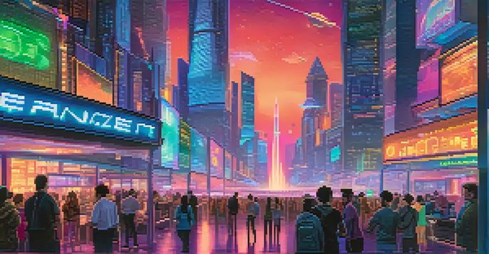 A futuristic city scene with diverse people engaged in digital currency transactions, illuminated by neon lights and holographic displays of cryptocurrencies.